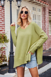 V-Neck Slit Exposed Seam Sweater Lime - Fashorio
