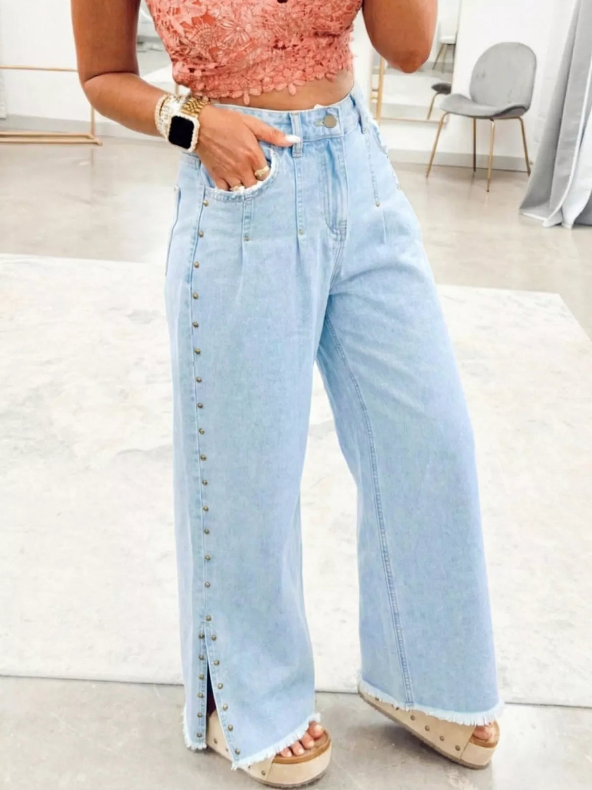 Wide leg jeans studded slit detail