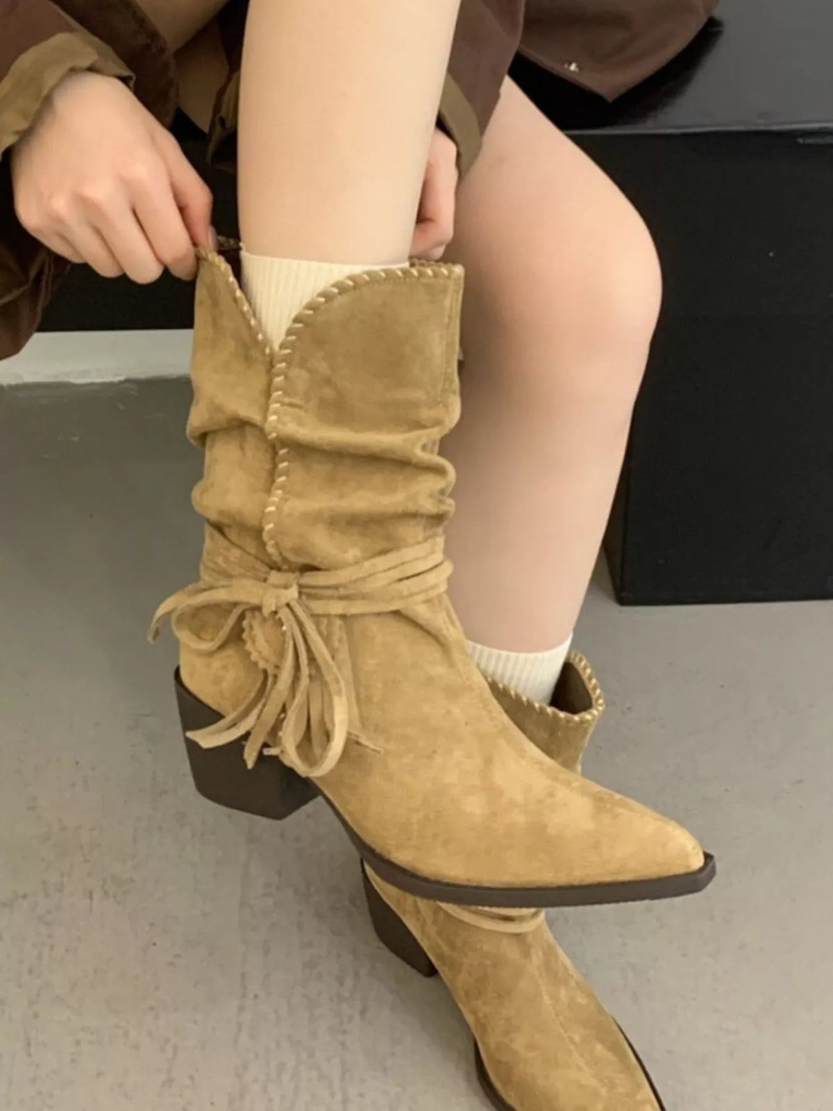 point toe block heel boots tan side profile