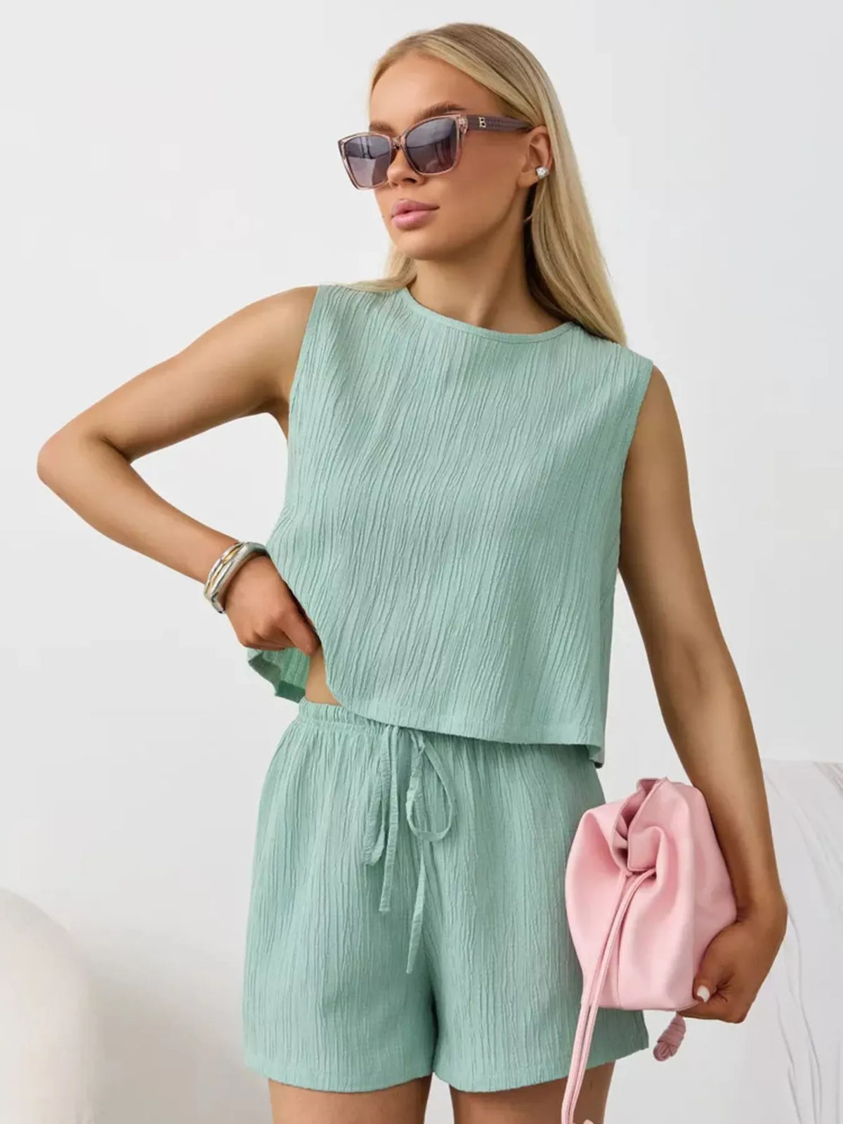 Textured Round Neck Tank and Shorts Set, view 26
