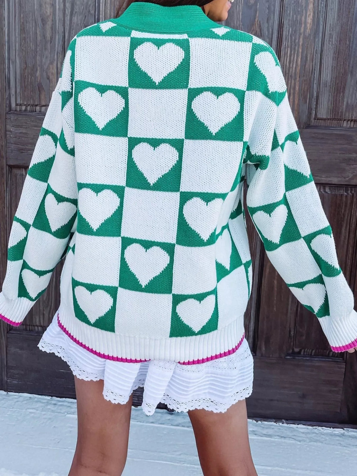 Plaid Heart Knit Button Down Cardigan in Turquoise back view