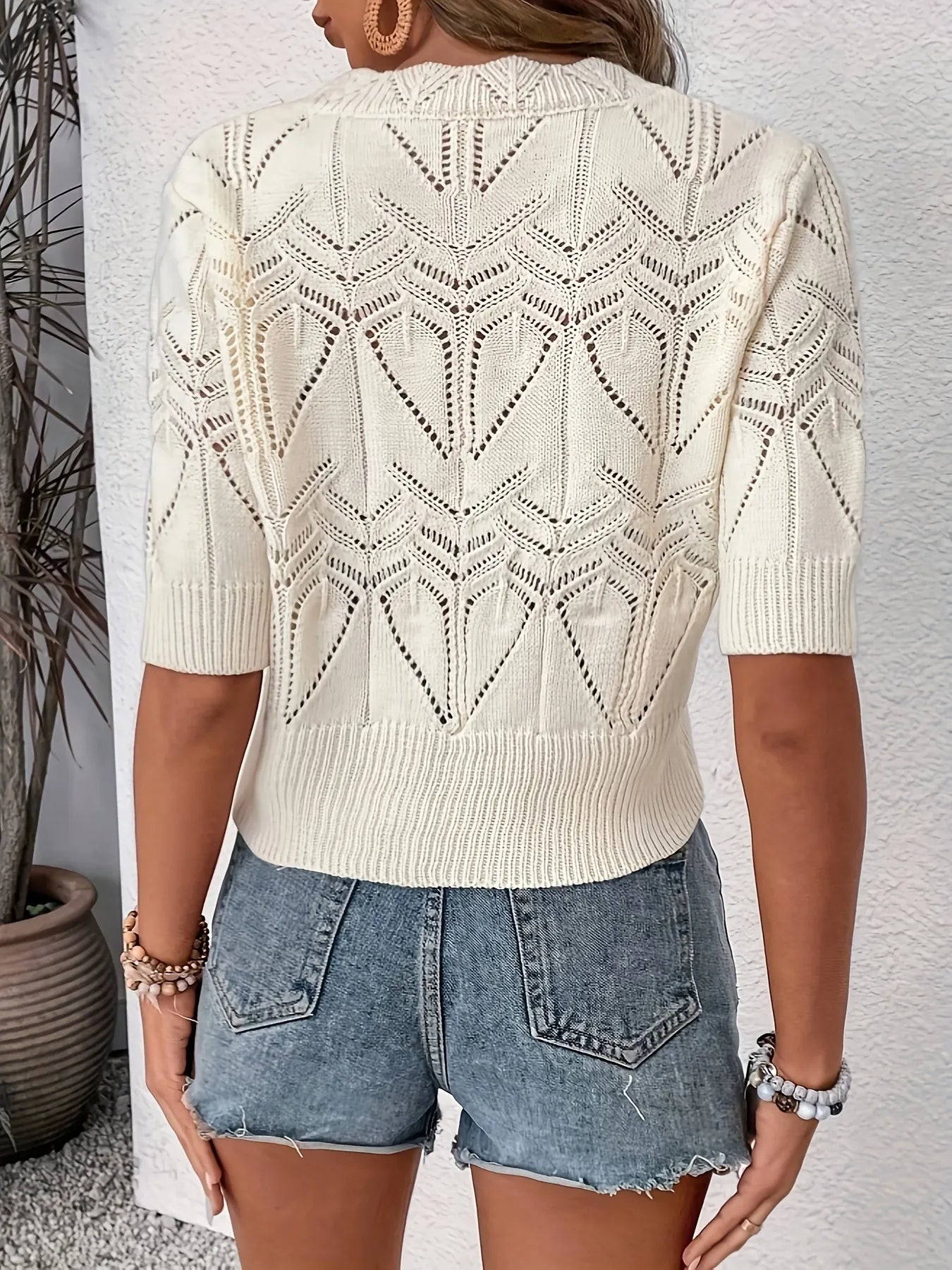 Openwork Round Neck Half Sleeve Sweater - Fashorio