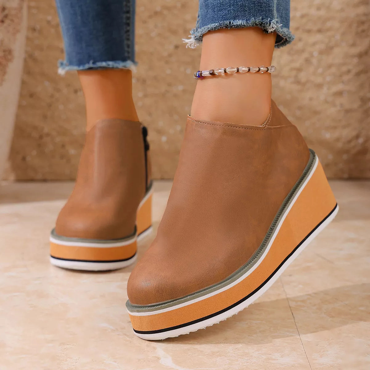 wedge ankle boots with zipper close up of toe