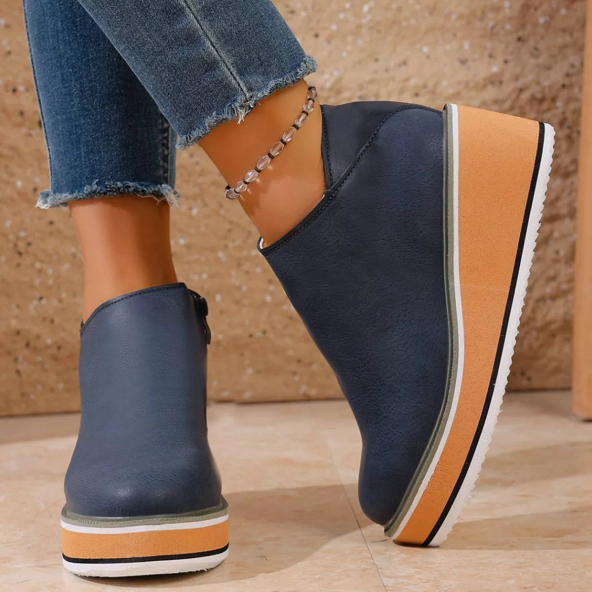 Wedge boots styled on model