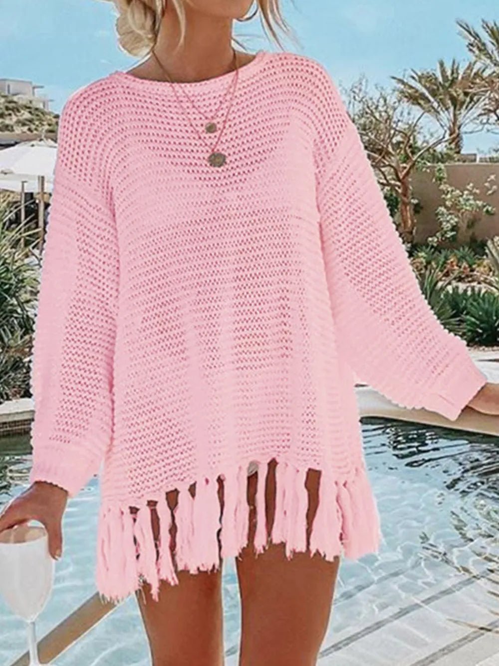 Angel Wings Openwork Tassel Hem Knit Kimono Cover Up, view 7