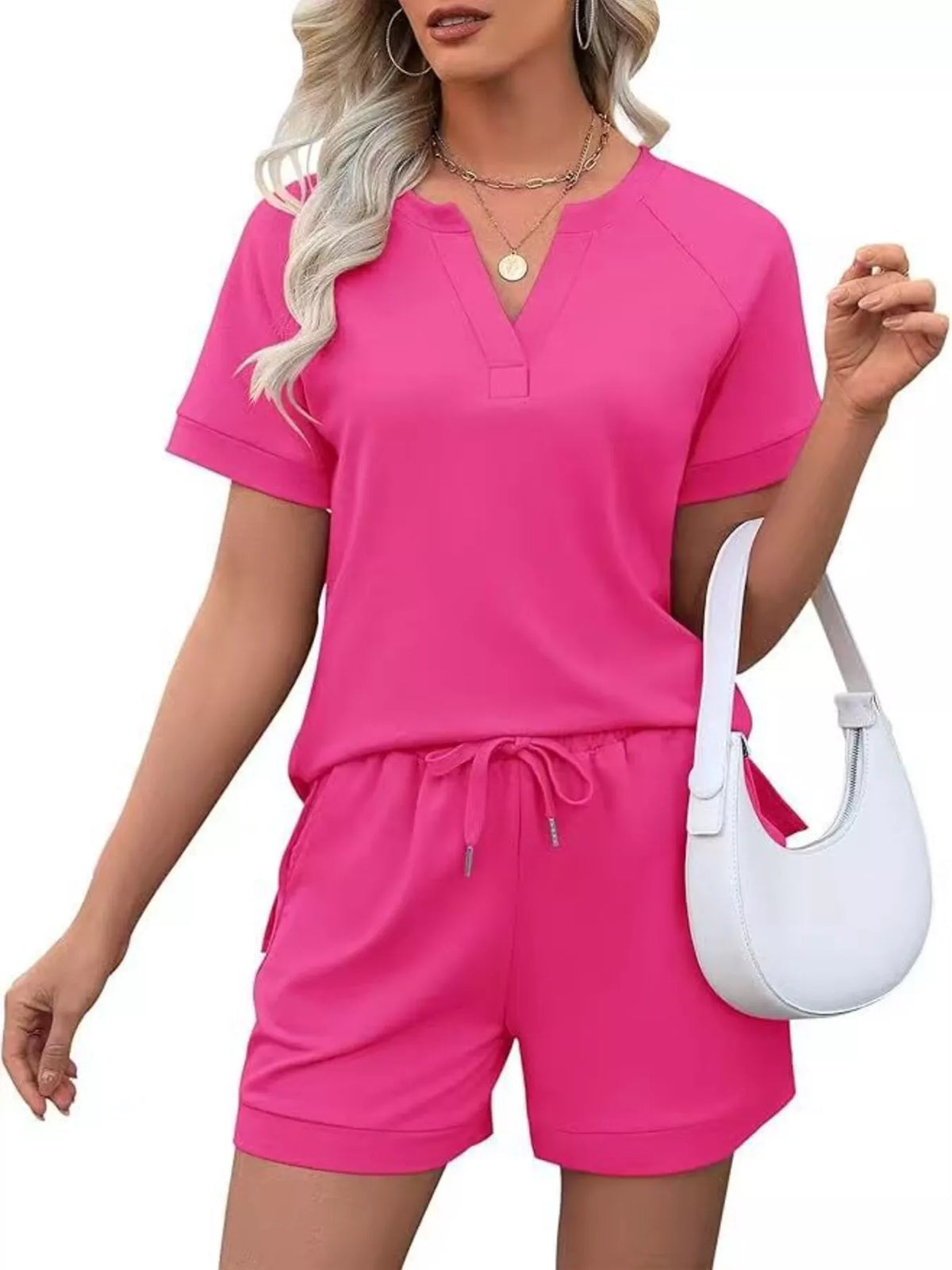Solid top and shorts coordinated look