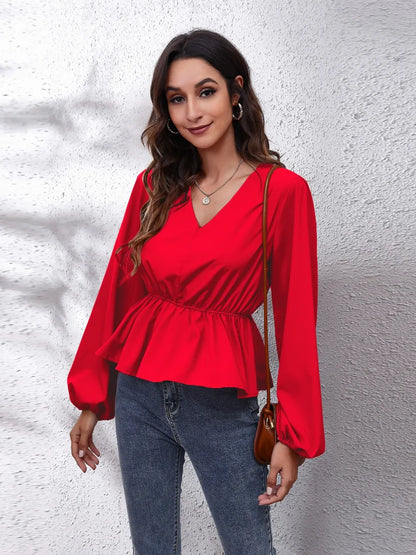 V-Neck Balloon Sleeve Peplum Blouse Deep Red - Fashorio