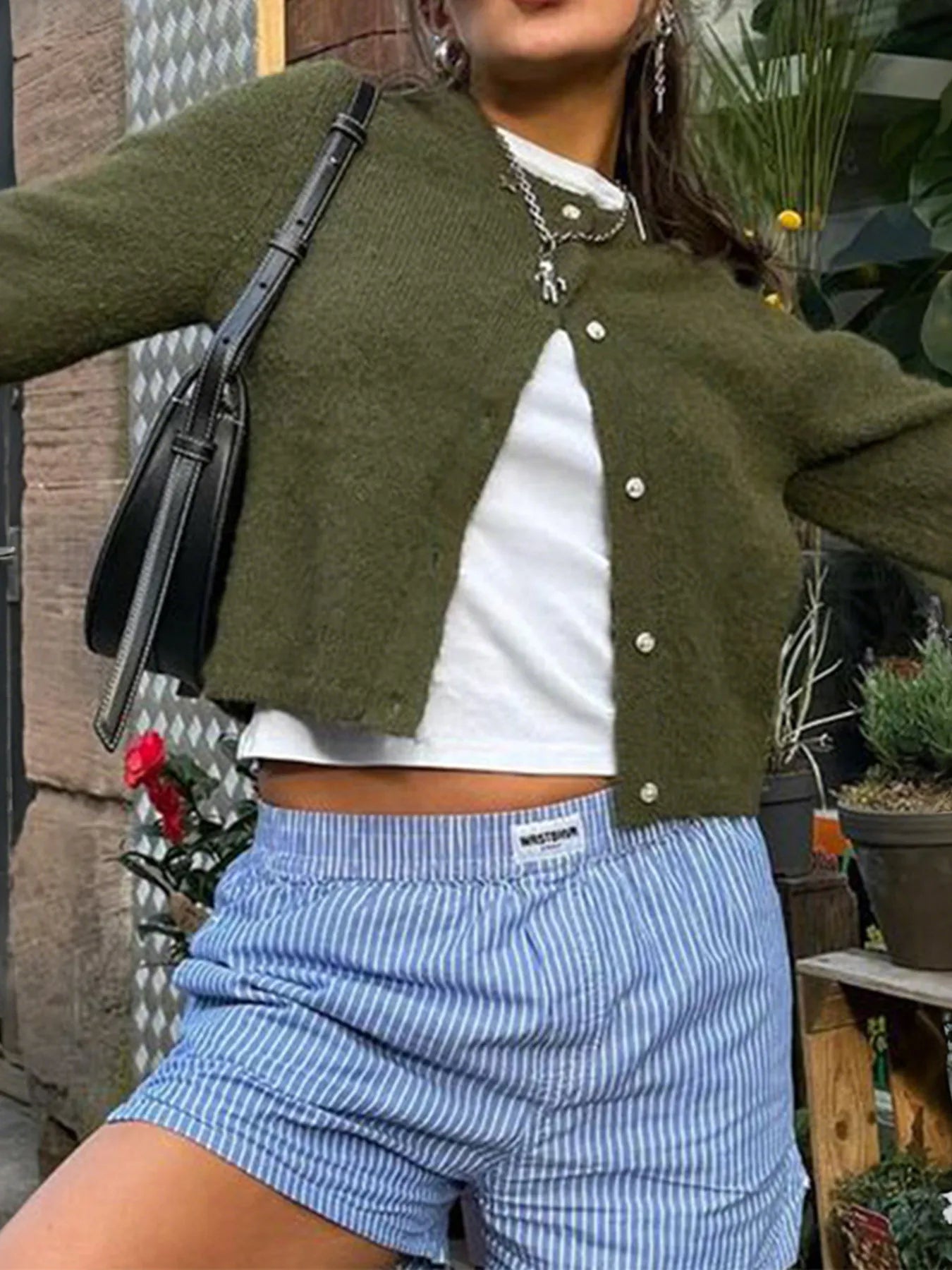 Button-Up Cropped Sweater Cardigan Military Green - Fashorio