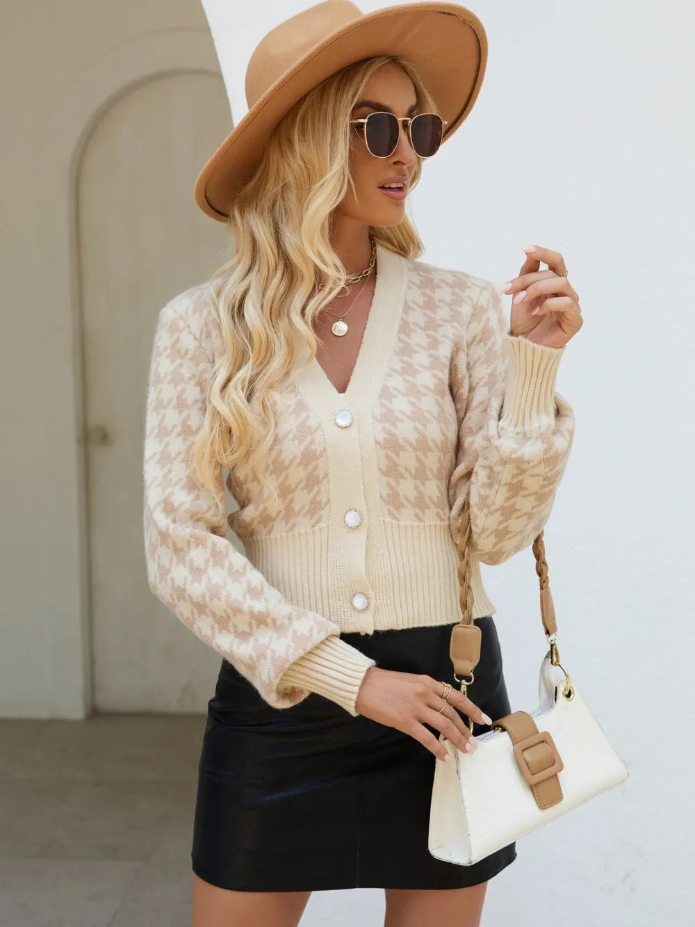 Houndstooth Button Up Long Sleeve Cardigan - Fashorio