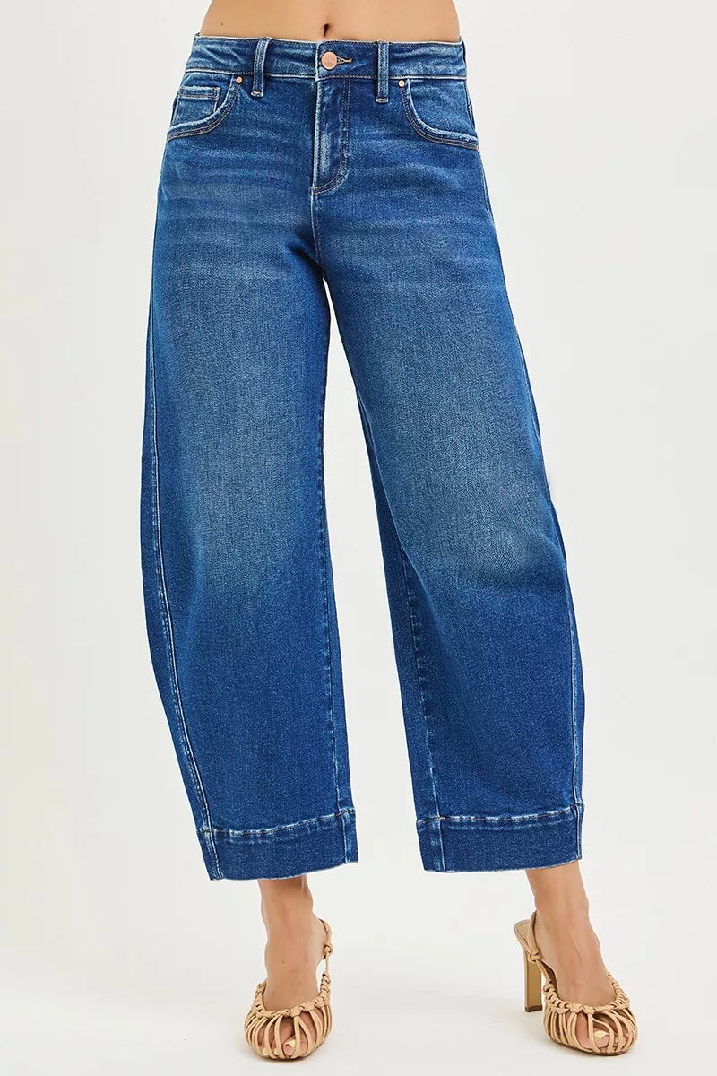 RISEN mid rise cropped barrel jeans front view in dark blue