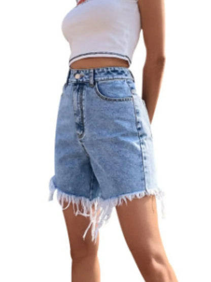 High Waisted Frayed Hem Denim Shorts - Fashorio