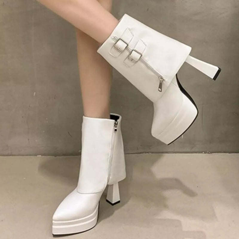 Pointed toe block heel boots front view