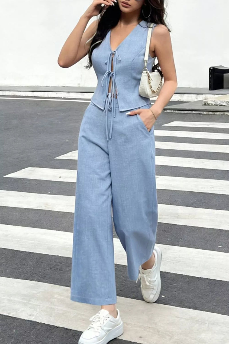 Tie front vest and wide leg pants set front view