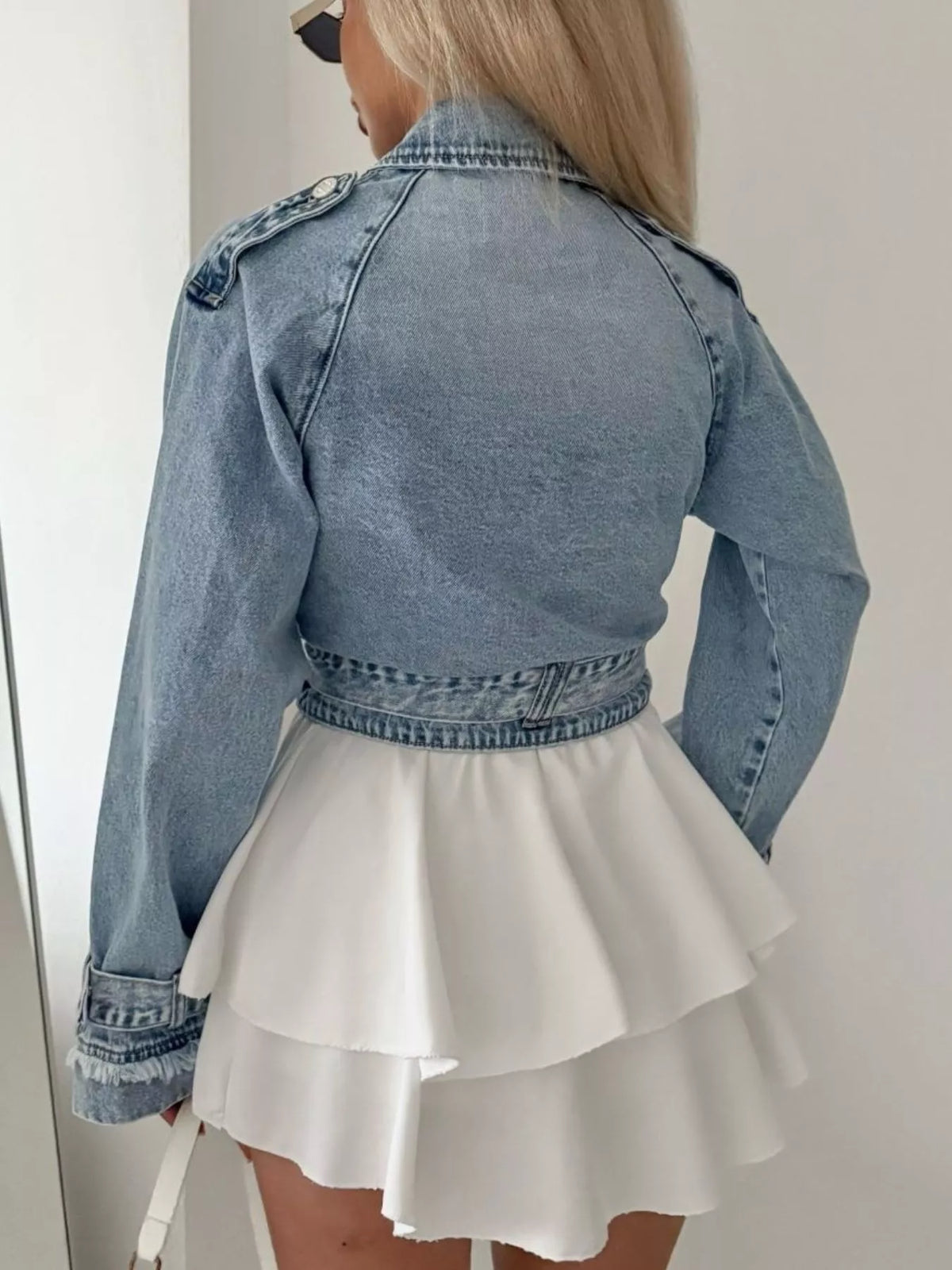 Cropped Long Sleeve Denim Jacket in Blue side view