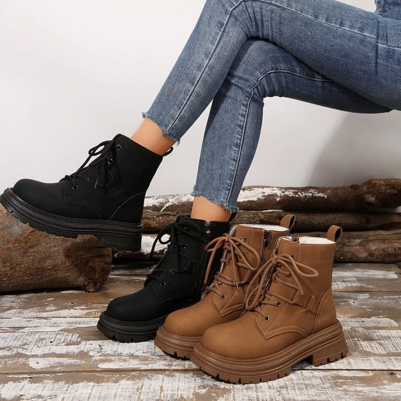 Round toe lace up platform boots front view