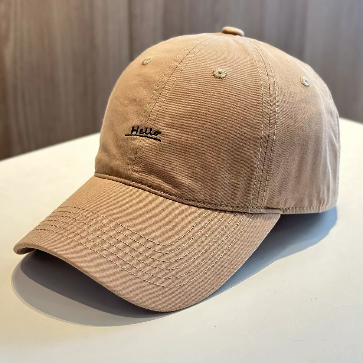 Close up of the front embroidery on the cap