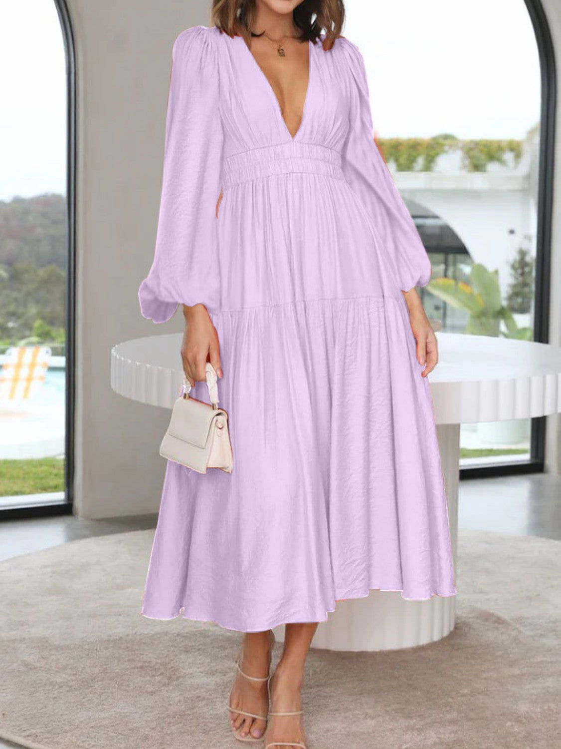 Deep V-Neck Balloon Sleeve Plain Maxi Dress Lavender - Fashorio
