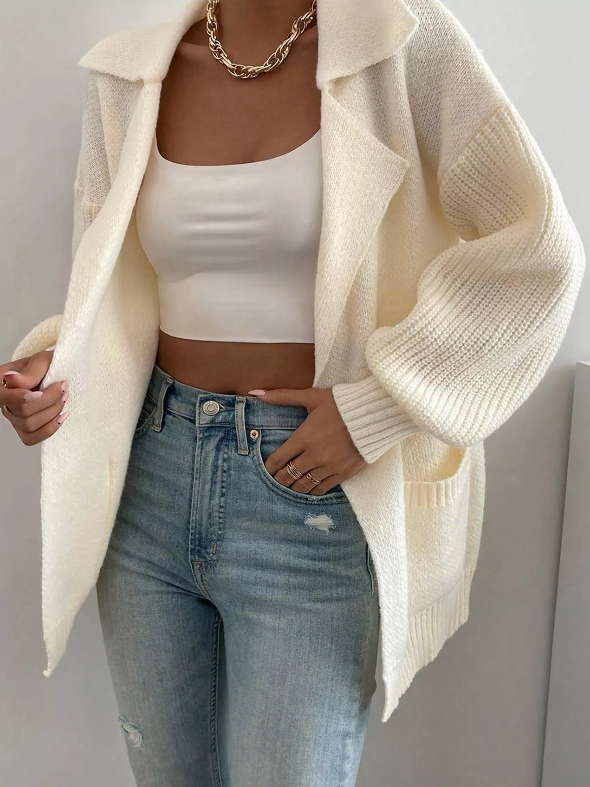 Lapel Collar Single Button Cardigan in Ivory styled look