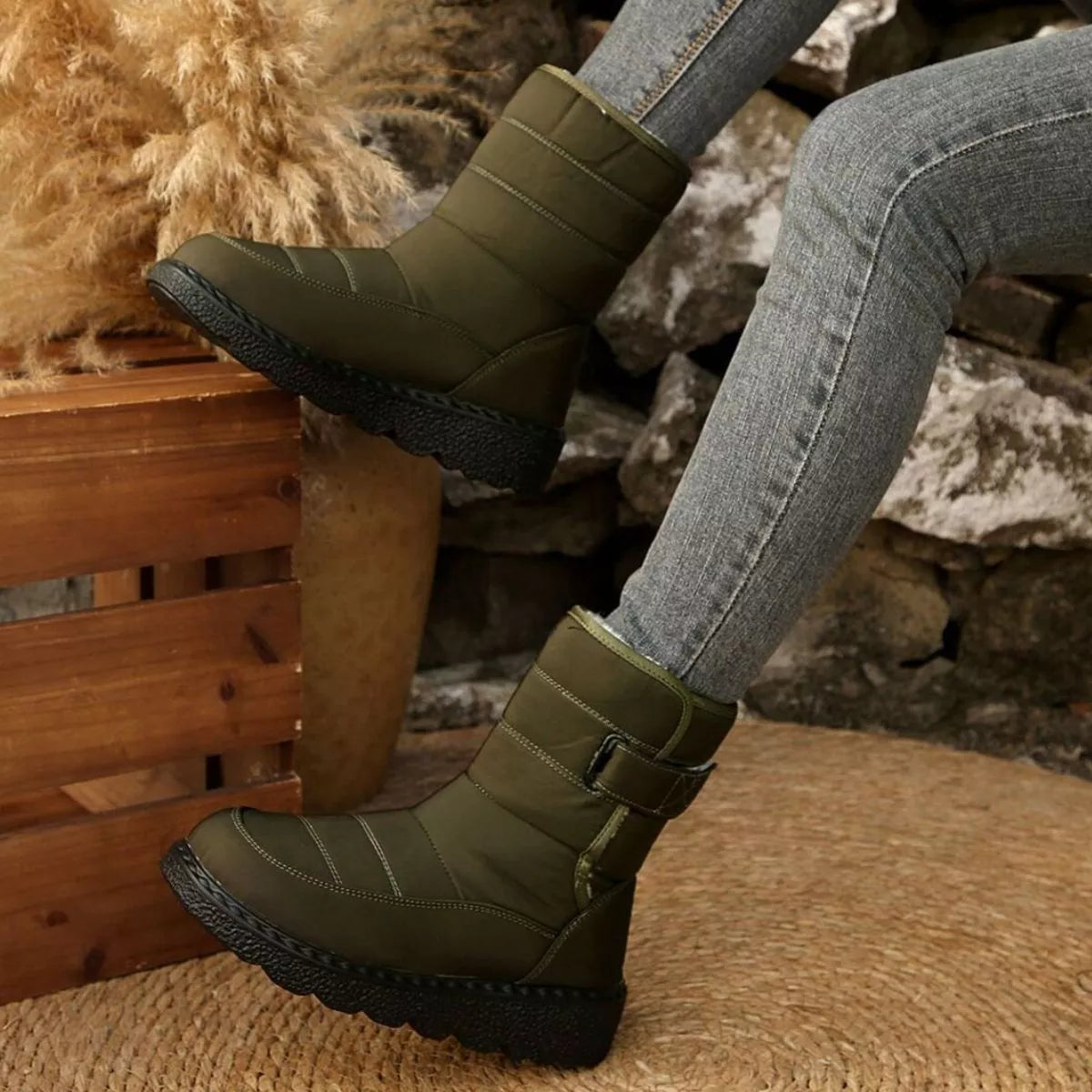 Round toe faux leather platform boots texture close up