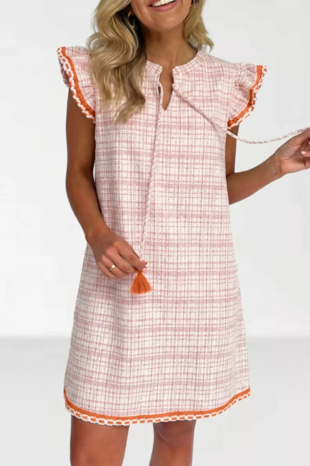 blush jacquard short sleeve shift dress front view