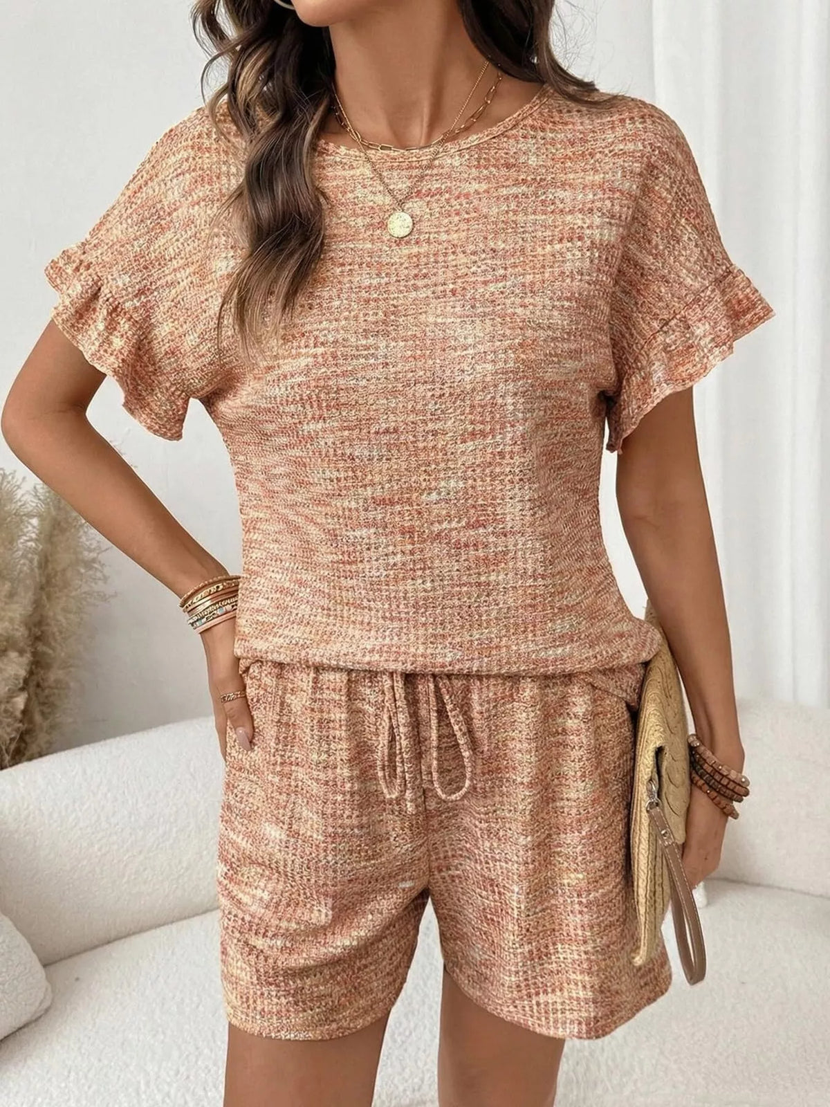 Ruffle Sleeve Textured Top and Shorts Set, view 20