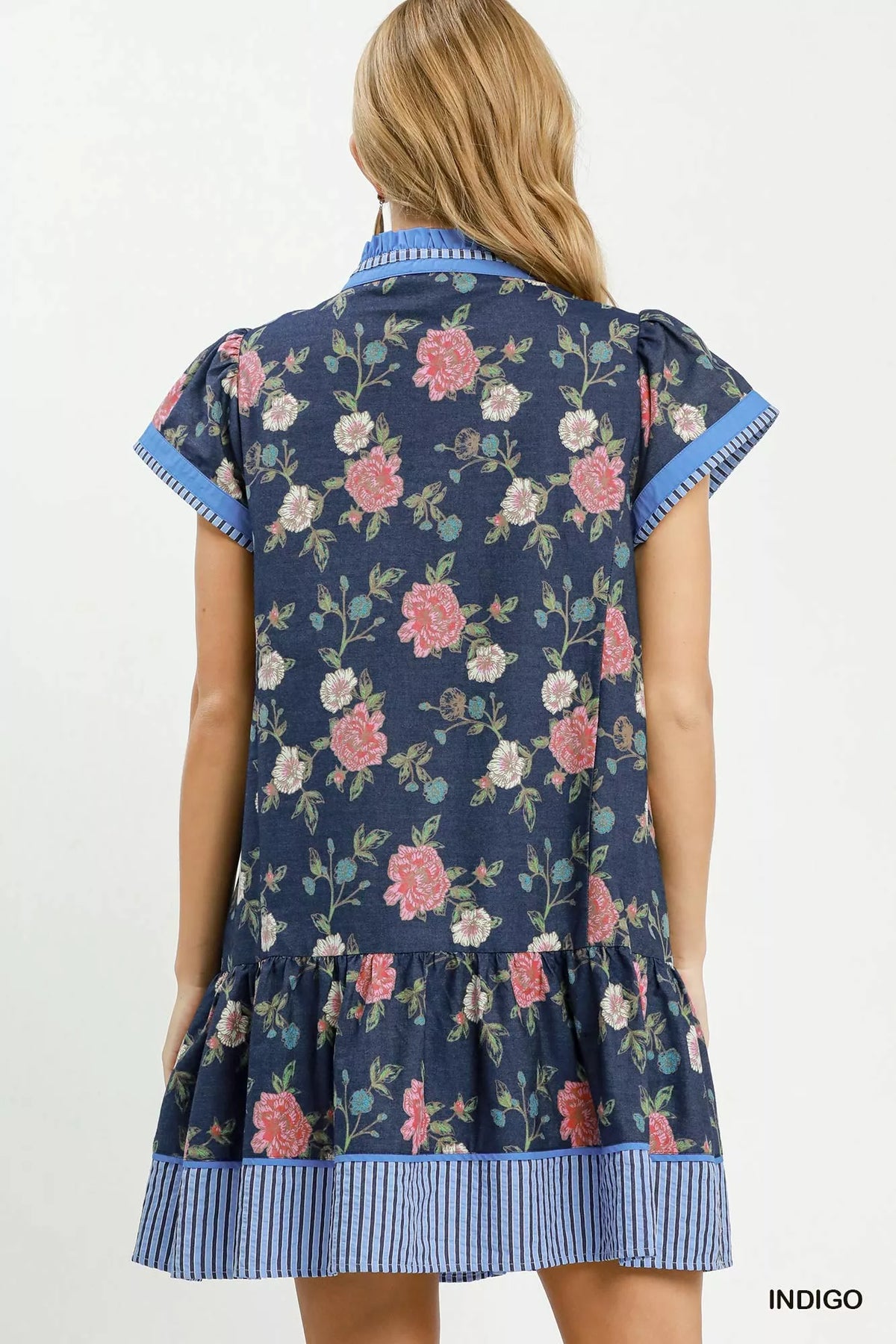 Indigo floral mini dress flutter cap sleeve detail