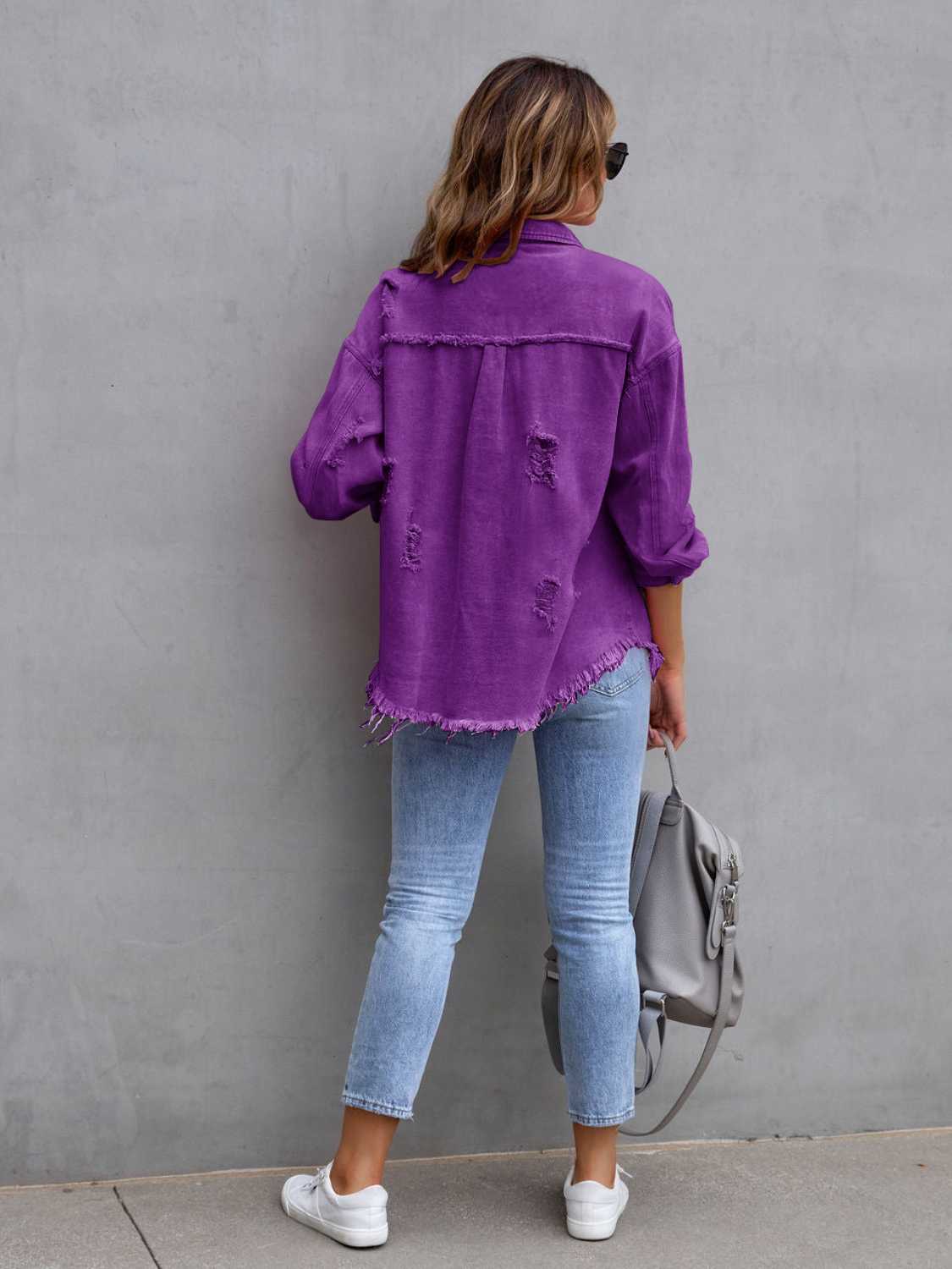 Distressed Drop Shoulder Denim Jacket - Fashorio