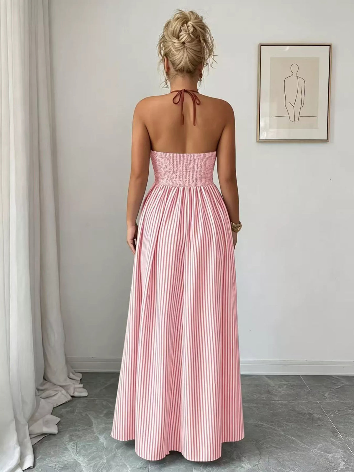 Striped halter neck maxi dress styling close up