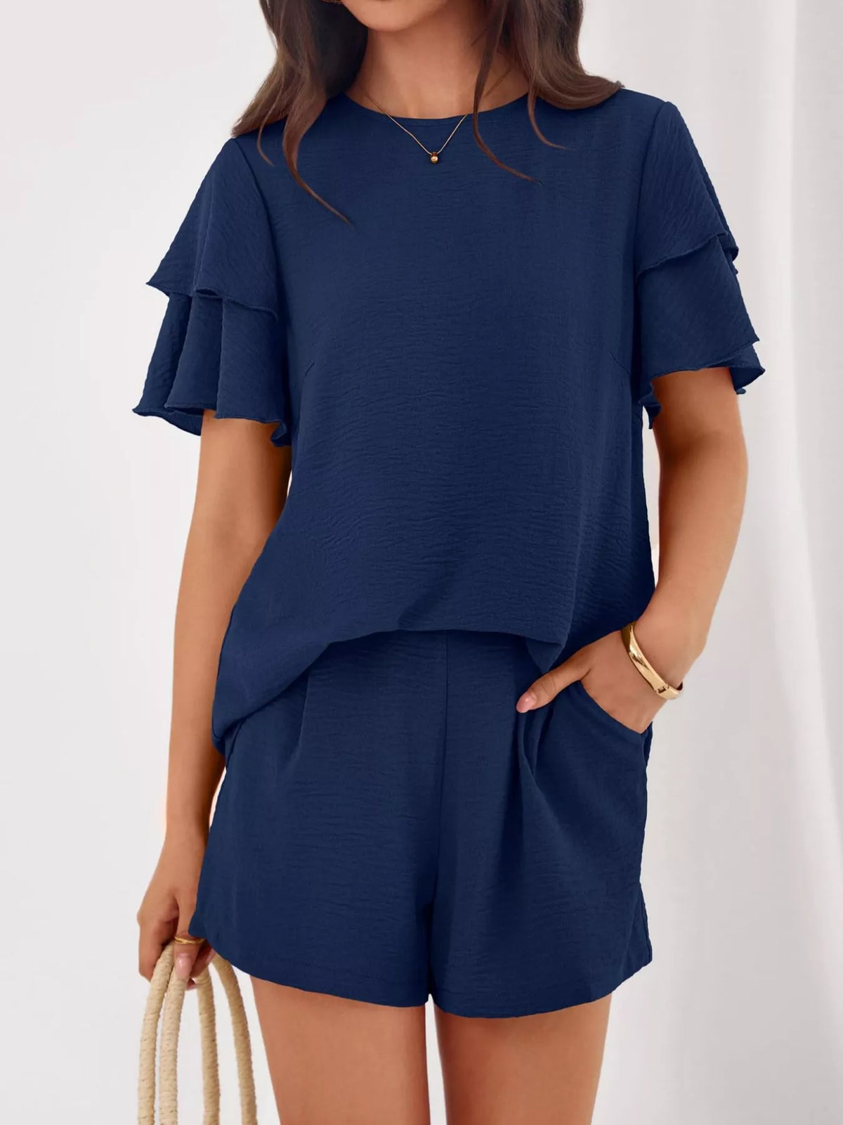 Ruffle top and shorts two piece set look