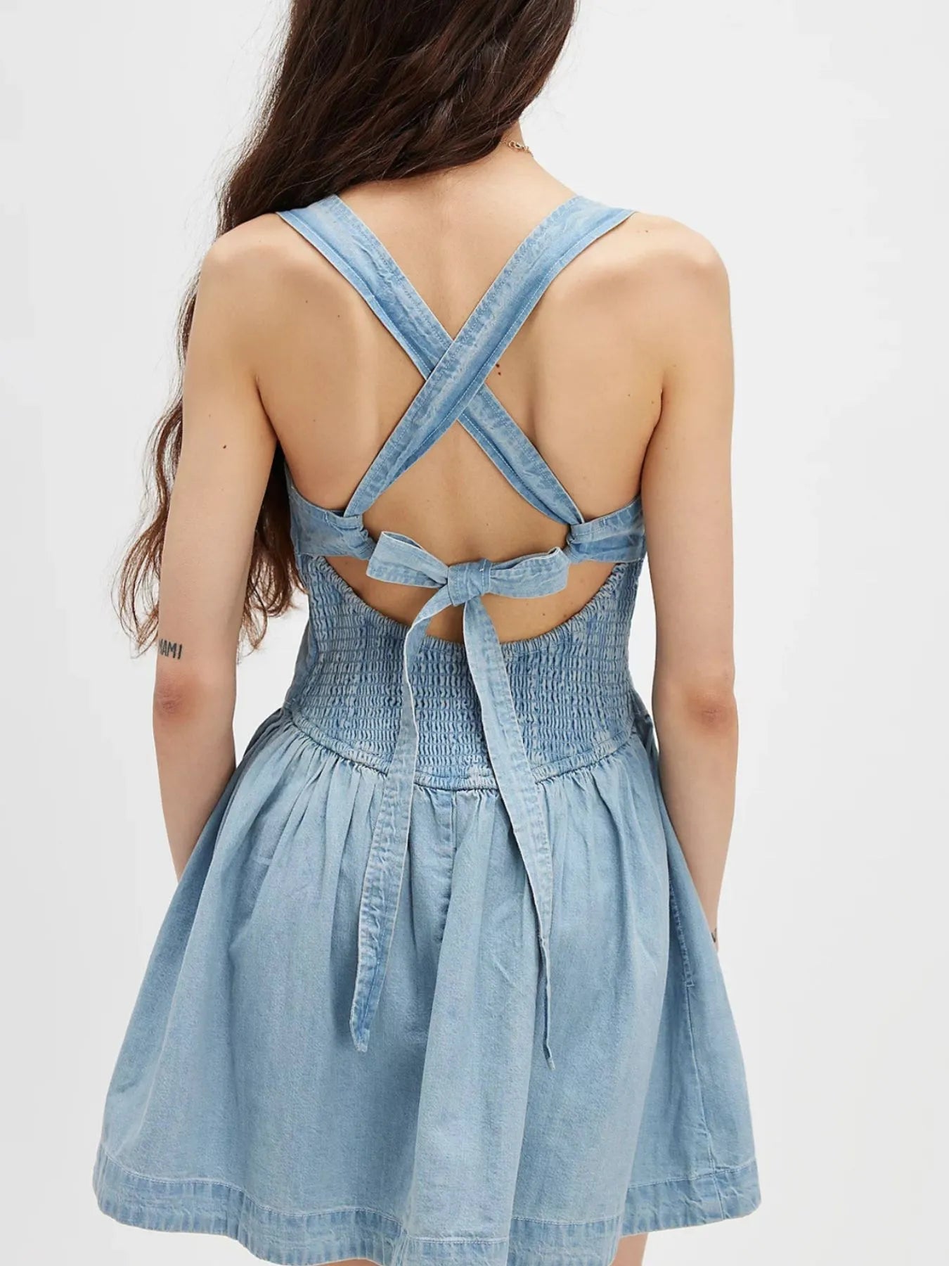 Smocked Crisscross Back Denim Mini Dress - Fashorio