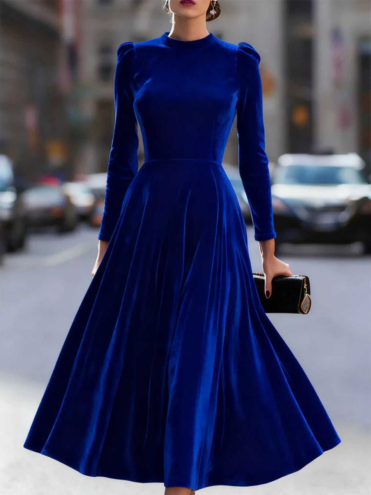 velvet long sleeve A line dress hemline detail