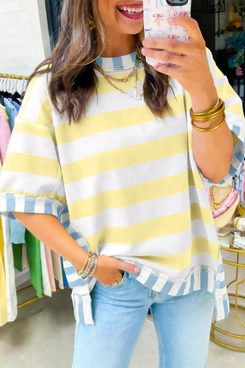 Striped half sleeve top in light yellow, front view on model