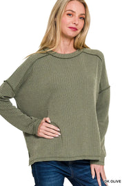 Zenana Full Size Exposed Seam Long Sleeve Corded Rib Knit Top Plus Size DK OLIVE - Fashorio