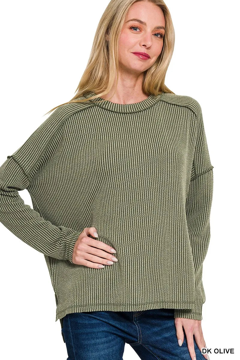 Zenana Full Size Exposed Seam Long Sleeve Corded Rib Knit Top Plus Size DK OLIVE - Fashorio
