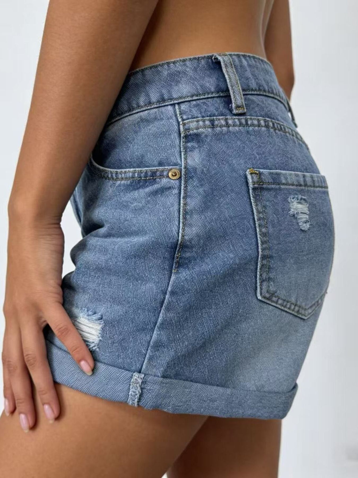 Denim shorts pocket detail view