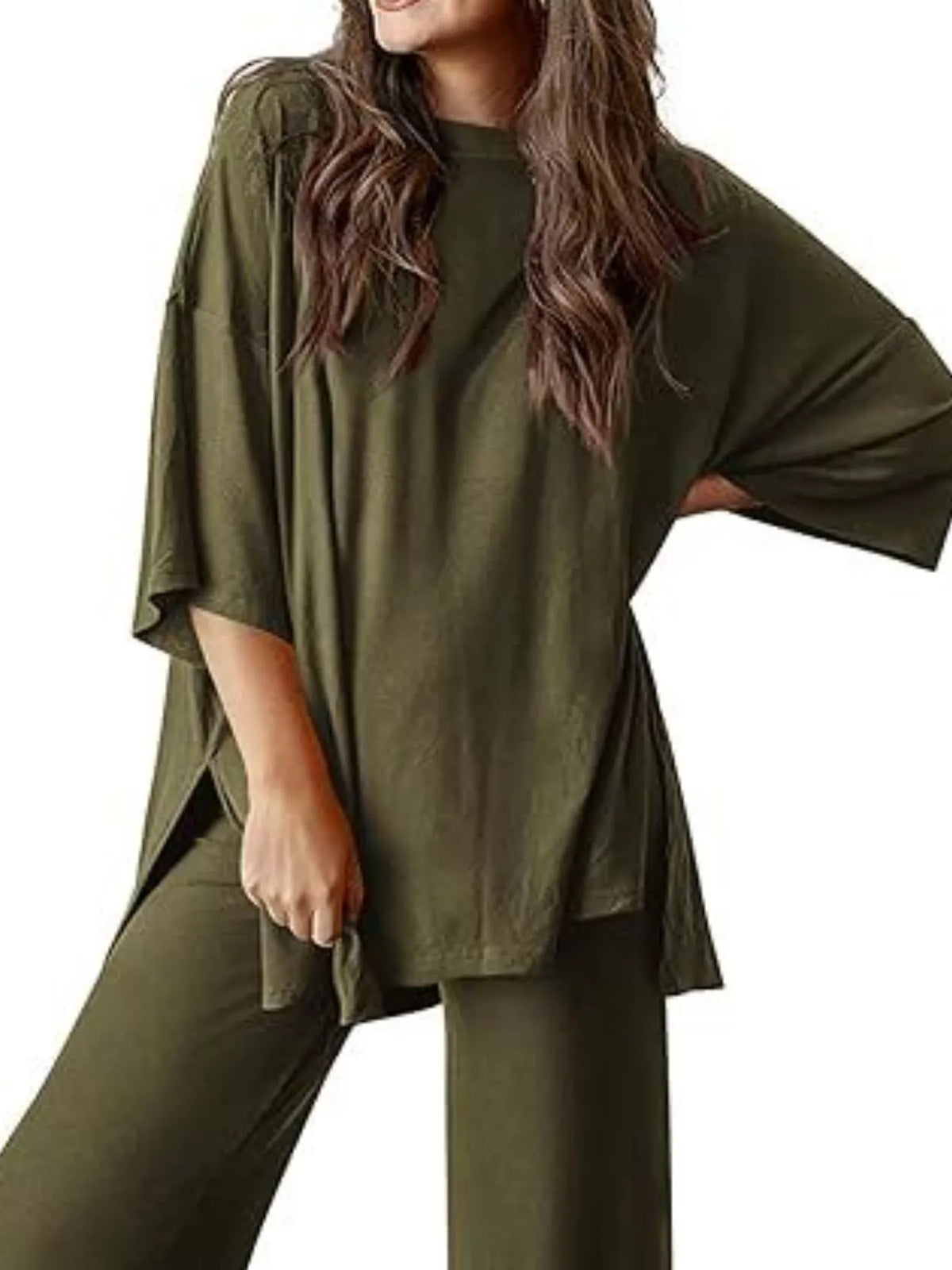 Relaxed fit two piece set round neck top and pants full look