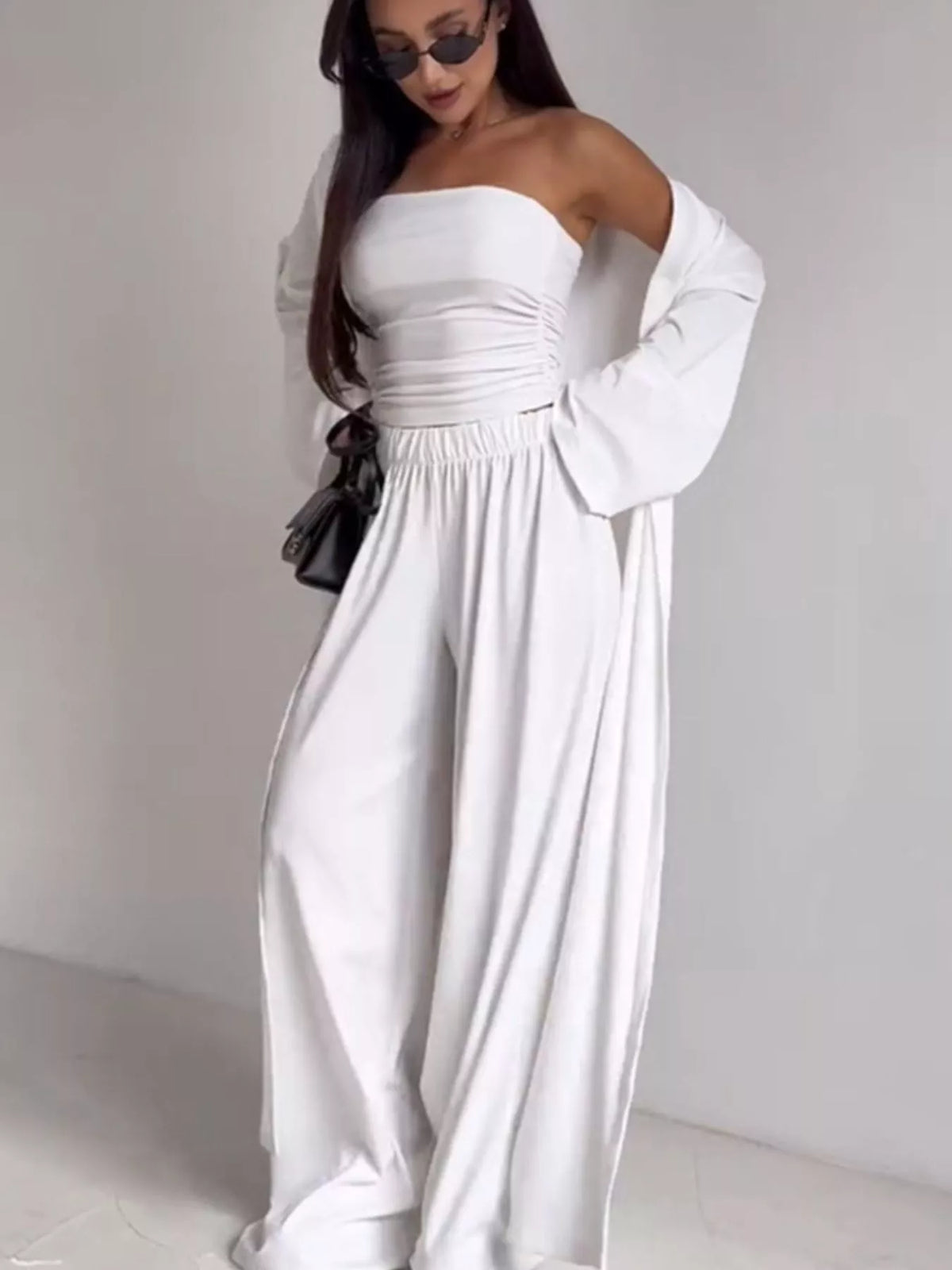 Tube Top Cardigan and Wide Leg Pants 3 Piece Set, view 9