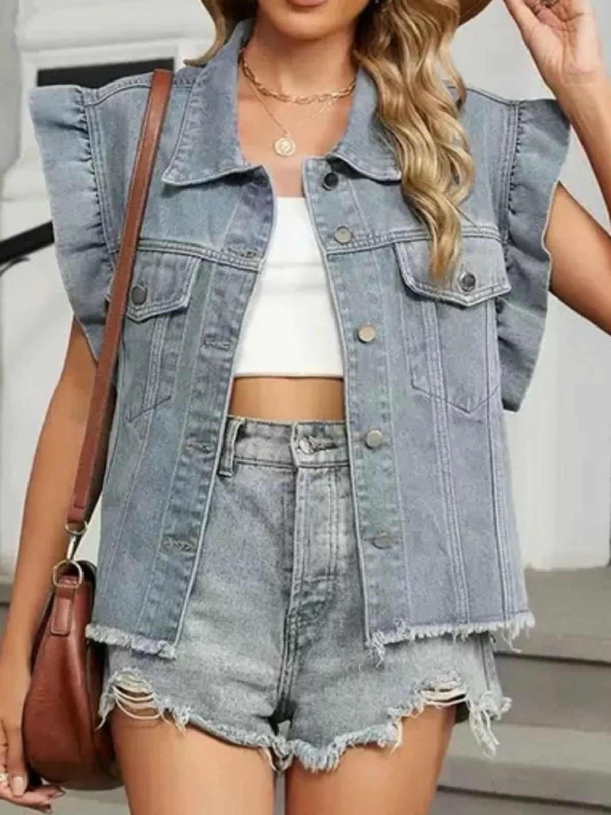 Ruffled Raw Hem Denim Jacket in Light Gray on model
