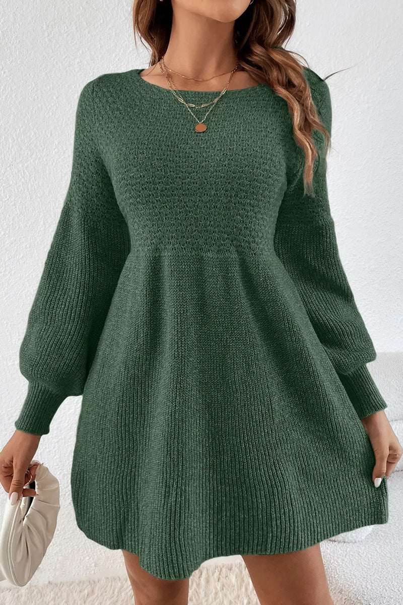 Round neck long sleeve mini dress in dark green, front view