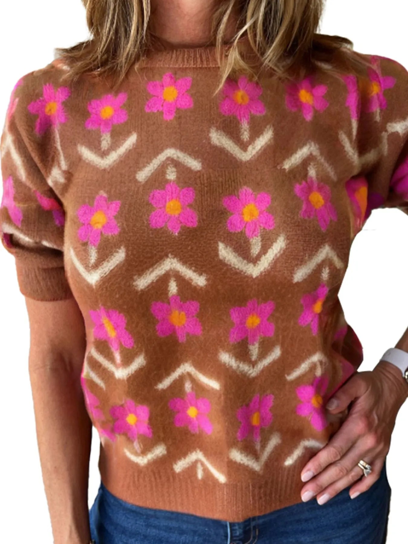 Floral Pattern Short Sleeve Sweater - Fashorio