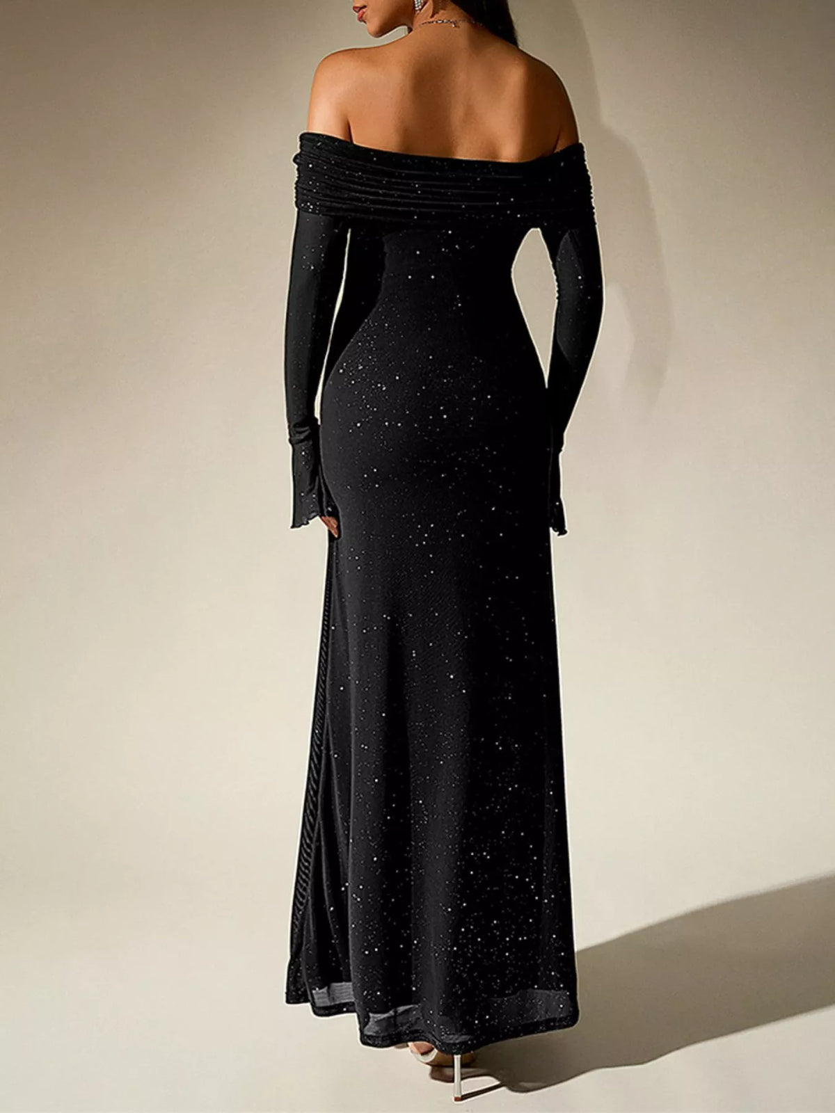 glitter off shoulder maxi dress full length view