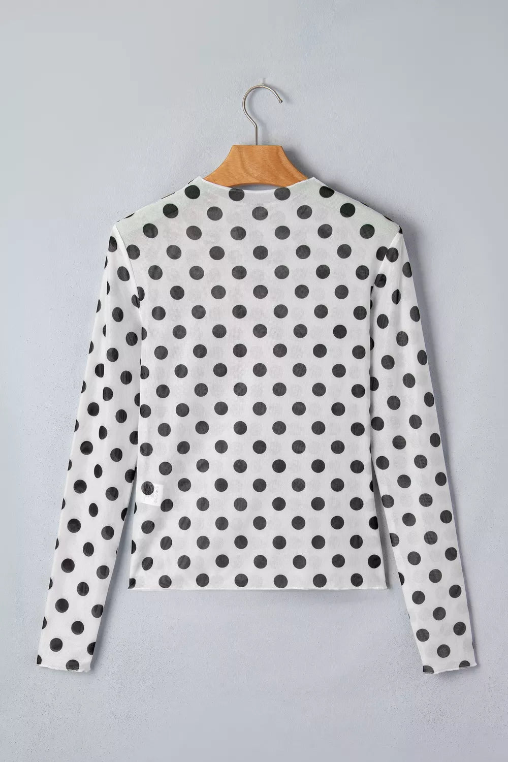 White polka dot sheer mesh long sleeve top detail view