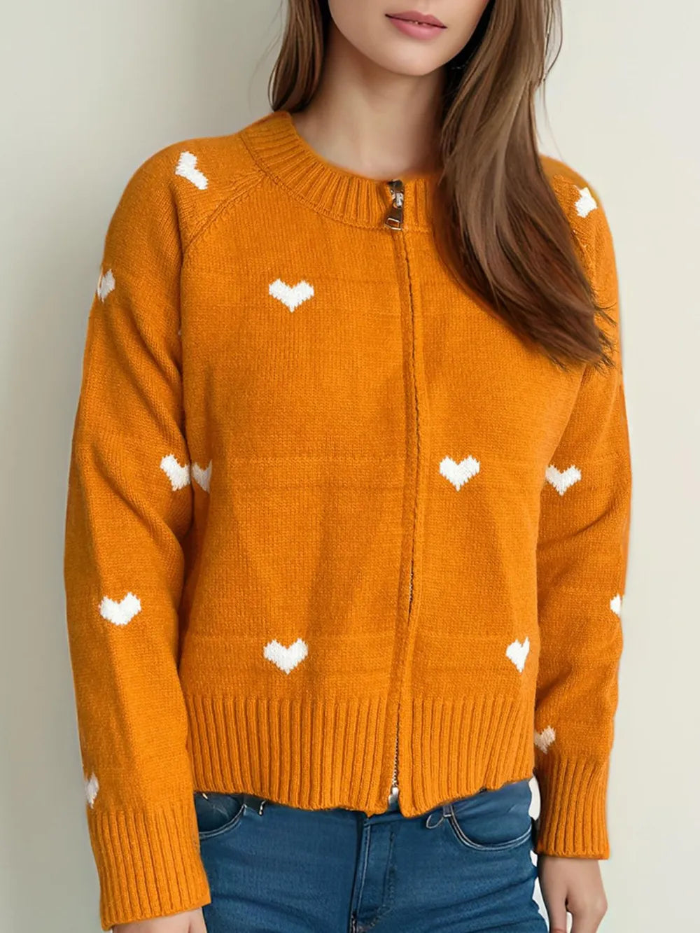 Heart Round Neck Zip Up Cardigan Tangerine One Size - Fashorio