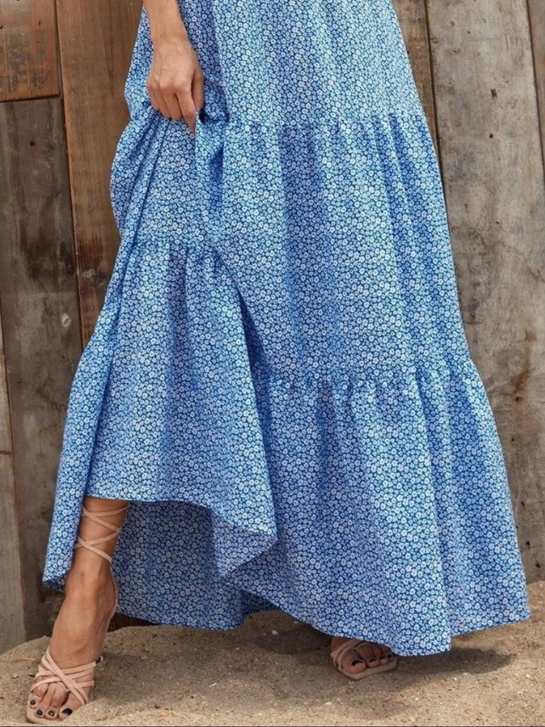 Printed V neck ruffle cap sleeve maxi dress side view