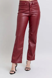 Judy Blue Full Size High Waist Tummy Control Faux Leather Straight Pants Plus Size RED - Fashorio