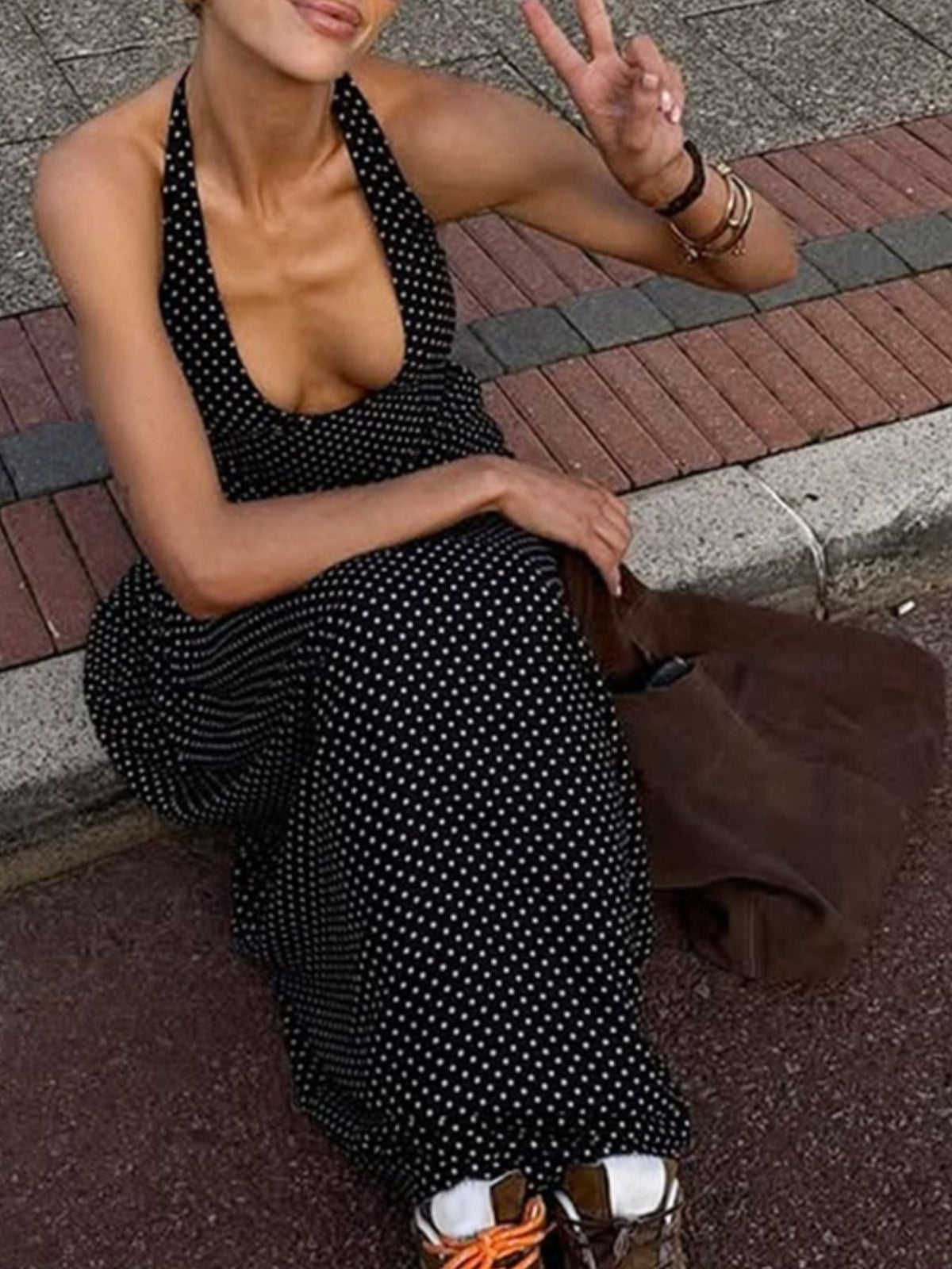 Polka Dot Halter Neck Maxi Dress view 6