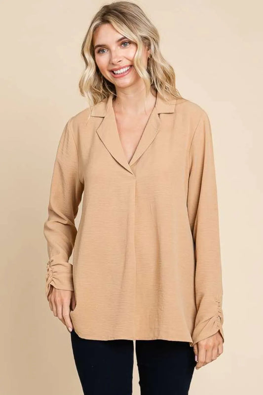 Culture Code Full Size Lapel Collar Ruched Long Sleeve Blouse ICED - Fashorio