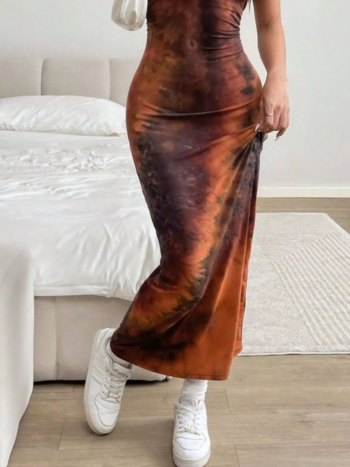 tie dye bodycon maxi dress side view