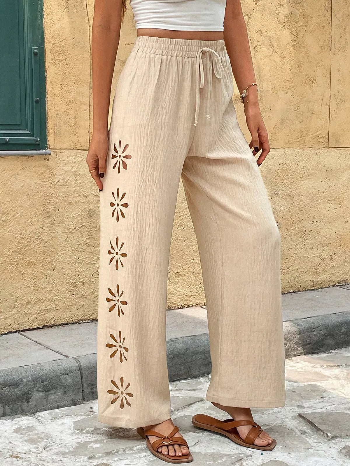 Apricot casual wide leg drawstring pants front view