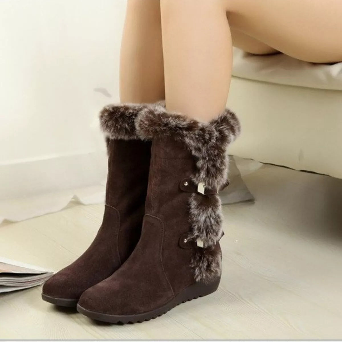 Fur Trim Round Toe Boots close up of the upper